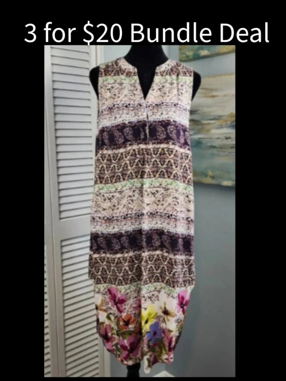 Cupio Shirt Dress size Small High Low Kaftan Floral Patchwork Porch Dress